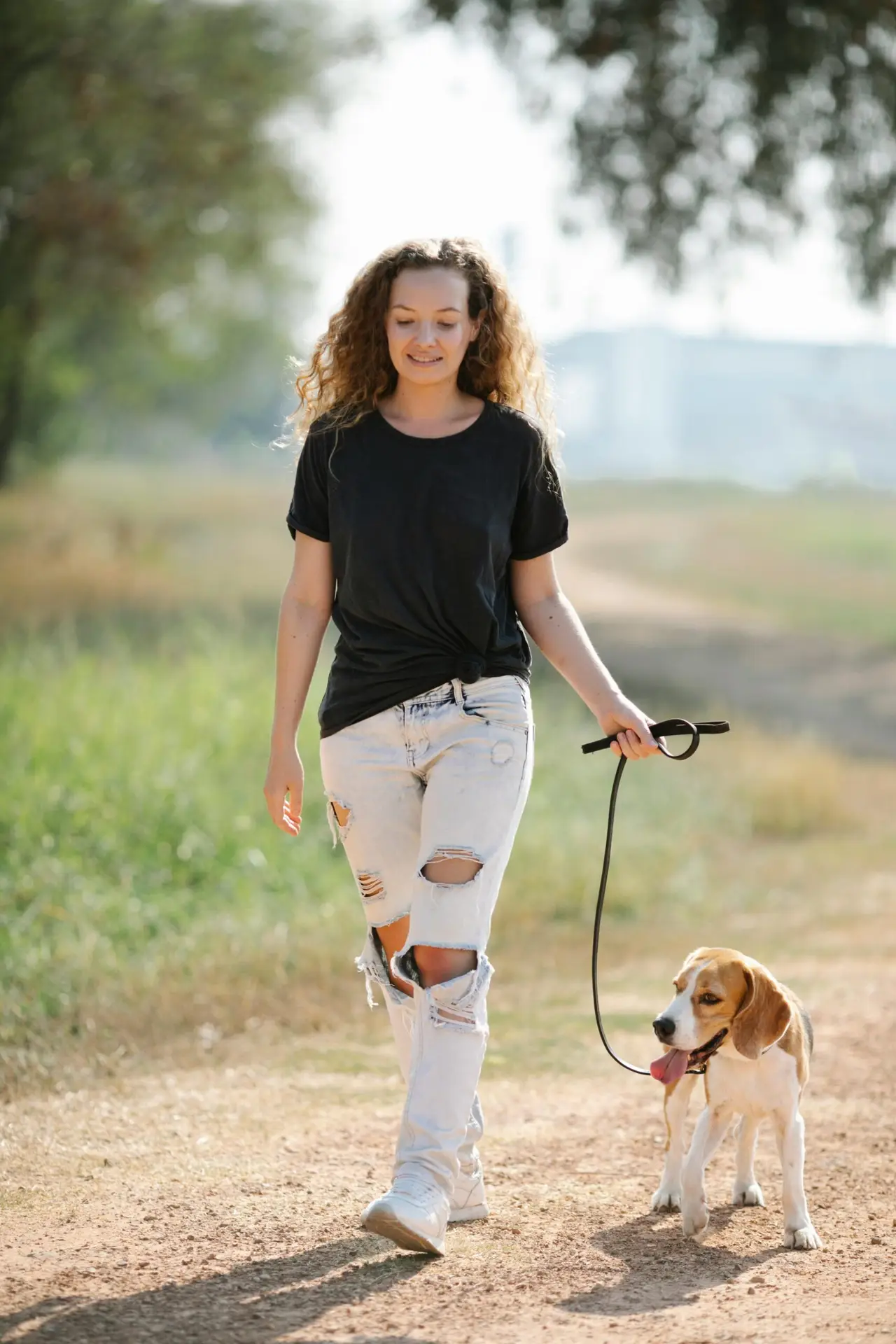 Full body of positive female owner walking with Beagle with tongue out on path in countryside